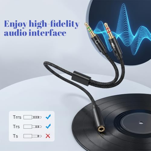 3.5mm Female to 2 Dual Male 3.5mm Audio Splitter, 2-in-1 Y Separator | 3.5 mm Aux Jack Cable 1 in 2 out, Headphone Mic Splitter for PC, Headset Jack Adapter Cable Dongle Cord for Phone, Laptop