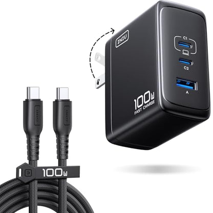 INIU 100W USB C Charger, 3-Port GaN Fast Charging Block with 5ft USBC Cable | 30% Smaller, Foldable Plug, GaN Tech, Multi Port, Travel Laptop Charger for MacBook Pro Air Neo, iPhone 17, Samsung, Dell etc - color: Black