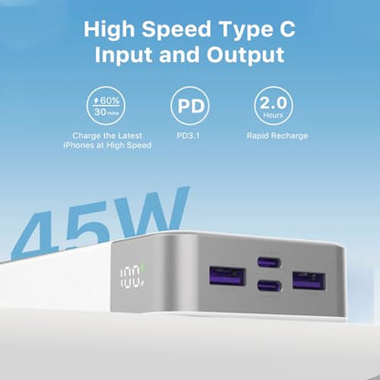 JUOVI Power Bank 45W 20000mAh Portable Charger USB C, PD QC Fast Charging 4-Port(2C+2A) External Battery Pack with LED Display, for iPhone 15 16 MacBook ipad | PD QC Fast Charging with 4 USB Ports(2C 2A), LED Display External Battery Pack for iPad Tablet