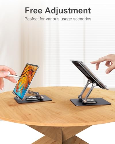 JUANWE Swivel iPad Stand for Desk, Aluminum Tablet Stand for Desk | 360 Rotating Base, Adjustable & Foldable iPad holder, Compatible with Tablets, Switch, Kindle, Phone