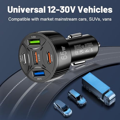 Super Fast Charging USB-C Car Charger Adapter, 65W 5-in-1 Multi-Port PD30W & QC3.0 Cigarette Lighter USB Charger for iPhone/Android/Samsung/iPad Pro (Black) - color: Black