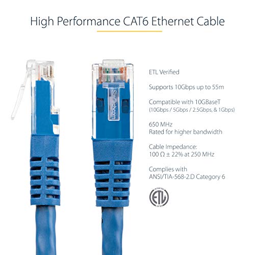 StarTech 4ft CAT6 Ethernet Cable - Blue CAT 6 Gigabit Ethernet Wire -250Mhz 100W PoE RJ45 UTP Molded Network Patch Cord with Strain Relief (C6PATCH4BL) | 250MHz bandwidth, Gold-plated RJ45, Patch Cable, Ethernet Cord, UTP Molded Network, Strain Relief, 10
