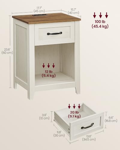 VASAGLE LIRY Collection - Farmhouse Nightstands with Charging Station, Set of 2 Bedside Tables, Side Tables with Drawer, Open Compartment, for Bedroom, Rustic White and Honey Brown ULET859K41 - color: Rustic White + Honey Brown, size: 2 PACK, style: 17.7"