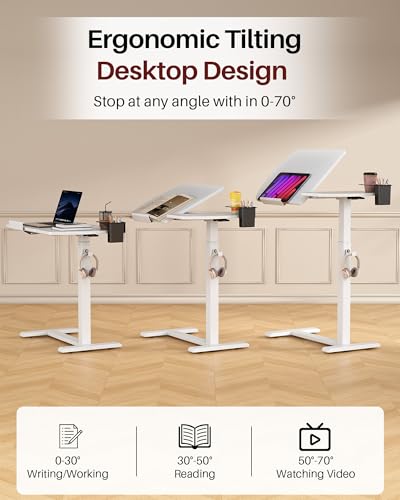 Overbed Bedside Table with Wheels, Pneumatic Adjustable Overbed Table, Tilting Desktop Mobile Standing Desk with Cup Holder/ Pen Holder, Rolling Laptop Desk for Bed, Sofa, or Hospital Use (White) - color: White