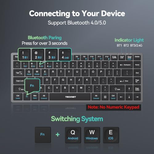 TECKNET Bluetooth Keyboard Rechargeable, 4-Device (2.4G+3BT) Wireless Keyboard, Ultra-Slim Quiet Typing, 14 Hotkeys Computer Keyboard for PC/Laptop/Tablet/iPad, Grayish-Black - color: Grey+Sliver