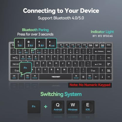 TECKNET Bluetooth Keyboard Rechargeable, 4-Device (2.4G+3BT) Wireless Keyboard, Ultra-Slim Quiet Typing, 14 Hotkeys Computer Keyboard for PC/Laptop/Tablet/iPad, Grayish-Black - color: Grey+Sliver