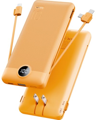 VRURC Portable Charger, Power Bank Built-in Cables and AC Wall Plug | USB C Power Bank 10000mAh Travel Essentials Phone Charger Compact External Battery Pack For Smart Phones, Tablets etc-Orange - color: Orange