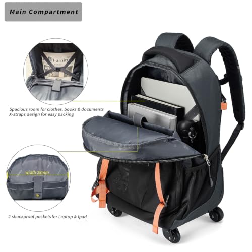 20 Inches Water-resistant Rolling Laptop Backpack Wheeled Backpack for Adult, Business People and Travel Commuter Carry-on Luggage with Spinner Wheels Travel Luggage (Black, 20 Inches)