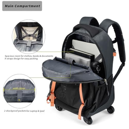 20 Inches Water-resistant Rolling Laptop Backpack Wheeled Backpack for Adult, Business People and Travel Commuter Carry-on Luggage with Spinner Wheels Travel Luggage (Black, 20 Inches)