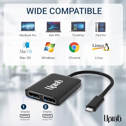 uptab USB C to Dual DisplayPort Adapter Hub, Extended Dual 4K 60Hz Display Port Multi Monitors Converter for Dell XPS 13 15, Lenovo Yoga, Sumsung HP, Chromebook, etc