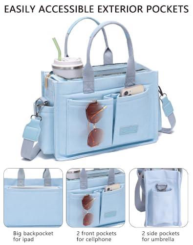 Canvas Tote Bag for Women,Women's Bags Crossbody Bags Work Laptop Tote Bag Large Handbags Purse for Travel Nurse Teacher - color: New Upgrade Light Blue With Compartments and Side Cup Holders