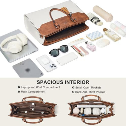 15.6 Inch Laptop Tote Bag with Clutch Purse for Women | Water-Resistant Vegan Leather Computer Briefcase with Satchel Purse,Professional Business Tote,Casual Handbag,Work Office - color: Beige With Brown