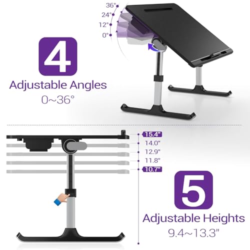 NEARPOW XXL Bed Table Tray, Adjustable Laptop Lap Desk for Couch, Gray | Bed desk for laptop and writing features anti-slip leather, 5 heights, 4 angles, book stand, a drawer & removable stopper - color: Black
