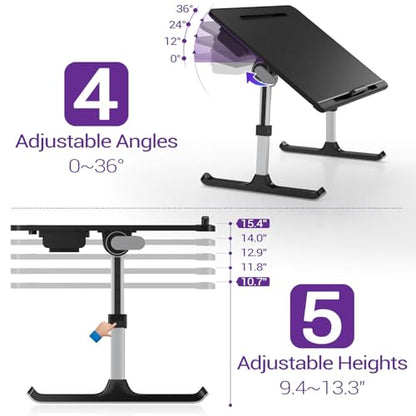 NEARPOW XXL Bed Table Tray, Adjustable Laptop Lap Desk for Couch, Gray | Bed desk for laptop and writing features anti-slip leather, 5 heights, 4 angles, book stand, a drawer & removable stopper - color: Black