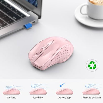 TECKNET Wireless Mouse (2.4G & BT5.0/3.0) Silent 4800 DPI Computer USB A & Bluetooth Mouse 6 Buttons, Wide Compatibility - Pink - color: Pink