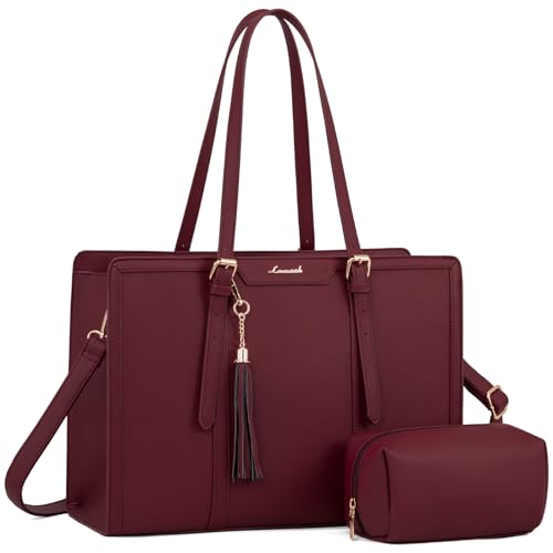LOVEVOOK Laptop Tote for Women - 15.6 inch Lightweight PU Laptop Bag, Large Capacity Computer Bag with Clutch Purse for Business, Work, Office, Travel, Claret - color: Claret, size: 15.6 Inch