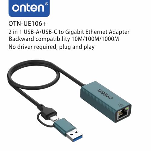 Onten USB-A and USB-C to Ethernet Adapter,Driver Free RJ45 to USB C or USB A, Gigabit Ethernet LAN Network Adapter for Windows,Mac OS, iOS and More
