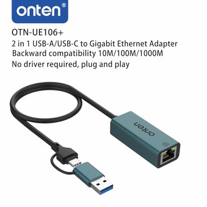 Onten USB-A and USB-C to Ethernet Adapter,Driver Free RJ45 to USB C or USB A, Gigabit Ethernet LAN Network Adapter for Windows,Mac OS, iOS and More