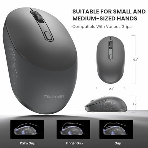 TECKNET Bluetooth Wireless Mouse, Bluetooth 5.0 & 2.4G USB Receiver, Compact & Portable, Silent Click, Ergonomic Symmetrical Design, 18-Month Battery, Adjustable DPI, Wide Compatibility - color: Charcoal Gray