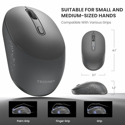 TECKNET Bluetooth Wireless Mouse, Bluetooth 5.0 & 2.4G USB Receiver, Compact & Portable, Silent Click, Ergonomic Symmetrical Design, 18-Month Battery, Adjustable DPI, Wide Compatibility - color: Charcoal Gray