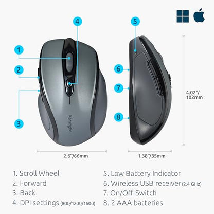 Kensington Pro Fit Mid-Size Wireless Mouse, Graphite Gray (K72423AM) | Comfortable mid-size grip, wireless connection, reliable everyday desktop and laptop use - color: Graphite Gray