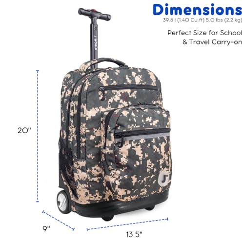 J World Sundance Laptop Rolling Backpack for Girls Boys. Roller Bookbag with Wheels, 20 Inch, Green Camo - color: Green Camo