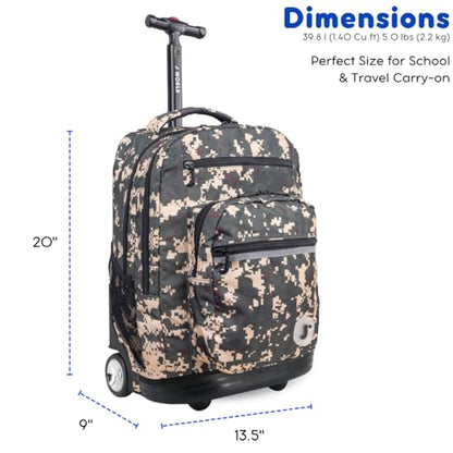 J World Sundance Laptop Rolling Backpack for Girls Boys. Roller Bookbag with Wheels, 20 Inch, Green Camo - color: Green Camo