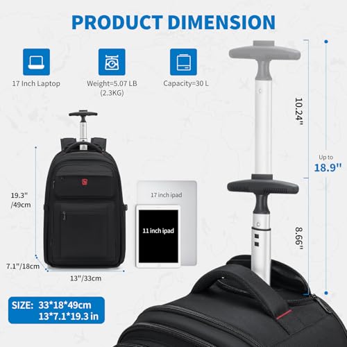 Rolling Backpack, Travel Backpack with Wheels, 17 Inch Laptop Roller Backpacks, Business Wheeled Backpacks for Women Men