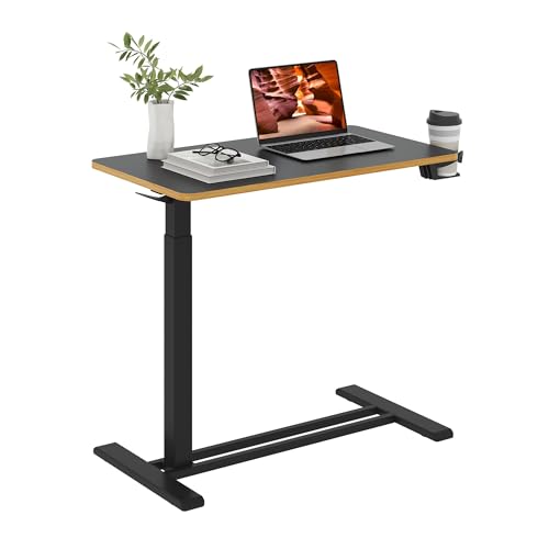 Medical Overbed Adjustable Bedside Table with Hidden Casters, Pneumatic Mobile Rolling Laptop Standing Desk with Tray for Home and Hospital Use, Black - color: Black, size: Large