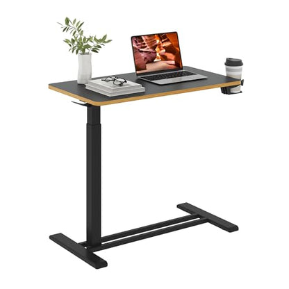 Medical Overbed Adjustable Bedside Table with Hidden Casters, Pneumatic Mobile Rolling Laptop Standing Desk with Tray for Home and Hospital Use, Black - color: Black, size: Large