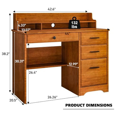 4 EVER WINNER Small Desk with Drawers for Small Spaces, 44'' Wood Desk with File Drawer & Monitor Stand, Office Desks Writing Study Table for Bedroom, Living Room, Brown - color: Brown