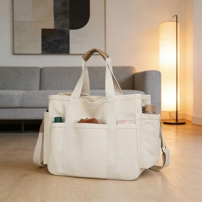 Eagerrich Canvas Crossbody Tote Bag with Multi Pockets for Women Work Large Handbags Shoulder Bag Messenger Bag Travel Purse - color: White