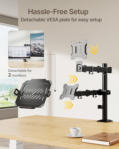 monTEK Monitor and Laptop Stand for 32" Screen and 17" Laptop | 2-in-1 desk mount holds 22 lbs, with height adjustment, tilt, swivel, clamp/grommet bases and VESA 75/100