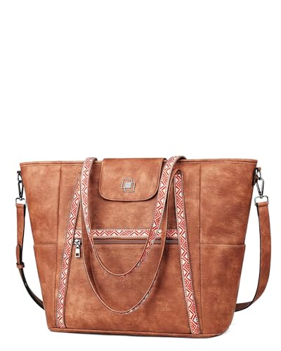 FADEON Large Laptop Tote Bag for Women Designer Leather Laptop Bag, 15.6in | Fashion Travel Backpack Purse Shoulder Handbag Fits 15.6 Laptop, Daily, Work, Business Trip, Weekend Travel, Teacher - color: Vintage Amber Brown
