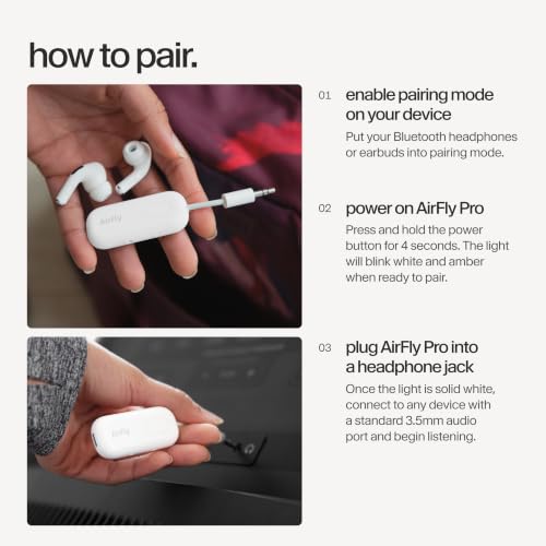 Twelve South AirFly Pro | Bluetooth Wireless Transmitter/Receiver Adapter for 2 Headphones, Audio Sharing, Compatible with 3.5mm aux Jack for Airplanes, TV, Gym, Stereo, and Travel, 25+ Hr Battery - color: White, style: AirFly Pro