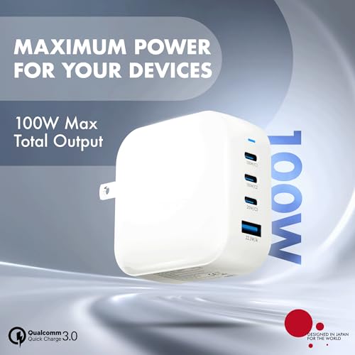 100W GaN Charger, Wozoyo 3XType-C & USB-A Superfast 2.0 Charging, Compatible for iPhone 17/16/16 Pro Max/15 Series/iPad Pro, Smartphones, Tablets and More, PD/PPS/QC 3.0,Compact Foldable Plug