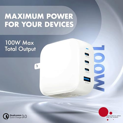 100W GaN Charger, Wozoyo 3XType-C & USB-A Superfast 2.0 Charging, Compatible for iPhone 17/16/16 Pro Max/15 Series/iPad Pro, Smartphones, Tablets and More, PD/PPS/QC 3.0,Compact Foldable Plug
