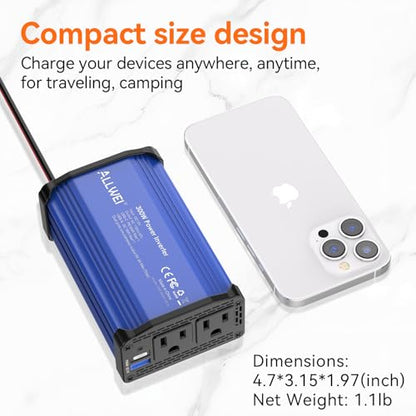 ALLWEI 300W Car Power Inverter, DC 12V to 110V AC Converter Car Plug Adapter Outlet with 65W PD USB-C & 18W USB-A Fast Charge, Car Cigarette Lighter Car Charger for Phone, Laptop on Road Trip-Blue - color: PD65W-Blue
