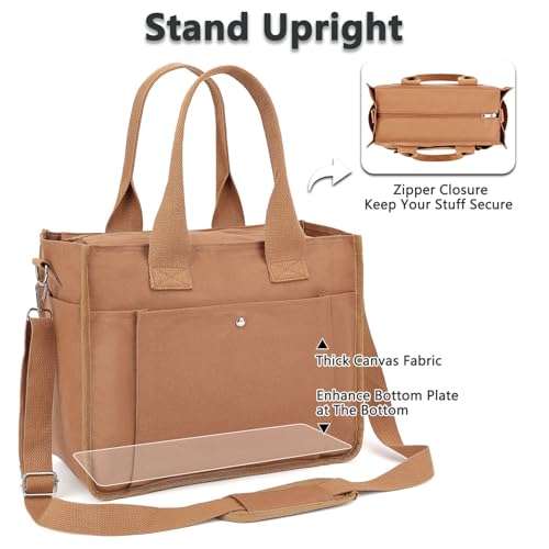Fammart Large Canvas Tote Bag for Women with Zipper & Compartments, Crossbody Laptop Bags for Work College Travel - color: Brown