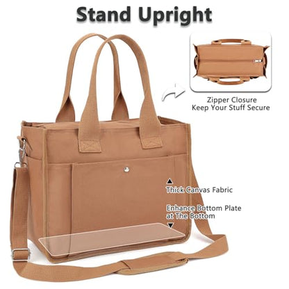 Fammart Large Canvas Tote Bag for Women with Zipper & Compartments, Crossbody Laptop Bags for Work College Travel - color: Brown