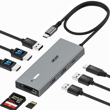 Acer USB-C Docking Station Dual Monitor, 9-in-1 Laptop Dock with 2 HDMI | Laptop Docking Station with 4K@60Hz HDMI, USB A&C 3.0, SD/Micro SD, 100W PD Compatible with Acer/Dell XPS/HP/Mac (2FT) - size: 2FT