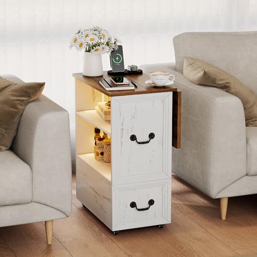 Lareth Rolling Side Table with Wheels, Led Lights & Charging Station | Foldable Desktop Narrow End Table, 1 Drawer, 2 Bookshleves, 27.56"H Tall Nightstan, Small Space, Living Room, Antique White - color: B Antique White