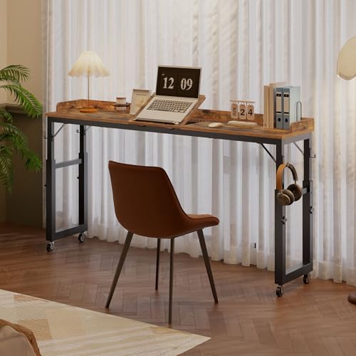 MAHANCRIS Overbed Table with Wheels, Queen Size Mobile Bed Desk with Adjustable Height, Computer Desk with Tilt Stand, Rolling Laptop Table, Recliner Desk for Office, Hospital, Rustic Brown MTHR18101 - color: Rustic Brown