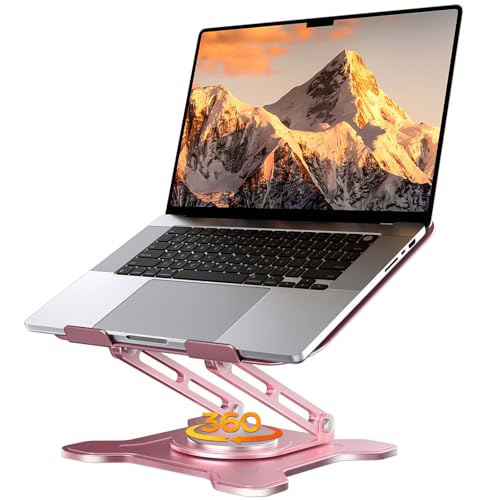 JCZT 360° Rotating Laptop Stand for Desk, Metal Foldable Laptop Riser Pink | Ergonomic Portable Adjustable Laptop Stand, Ventilated Cooling Notebook Holder for MacBook Air Pro, All 10-16'' Laptops - color: Pink