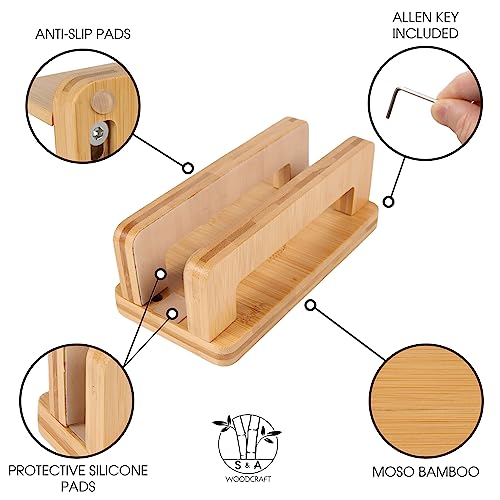 S&A WOODCRAFT Bamboo Wood Vertical Laptop Stand, Adjustable Wooden Laptop Holder, Non-Slip Laptop Dock Compatible with Apple MacBook, Microsoft Surface, Gaming Laptops, IPad, Tablets - color: Natural Bamboo, size: 1 Slot