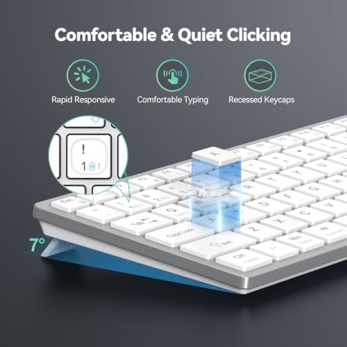 TECKNET Bluetooth Keyboard Rechargeable, 4-Device (2.4G+3BT) Wireless Keyboard, Small Ultra-Slim Keyboard, 14 Hotkeys Computer Keyboard for PC/Laptop/Tablet/iPad, Silvery-White - color: Silvery-white