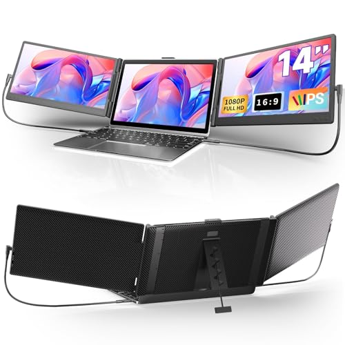 Triple Laptop Screen Extender, Upgraded 14" 1080P FHD IPS Laptop Monitor Extender, Plug & Play LCD Type-C/USB-A/HDMI Travel Monitor for Laptops 13"-17", Fits Windows Mac Linux Chrome - size: 14.3"