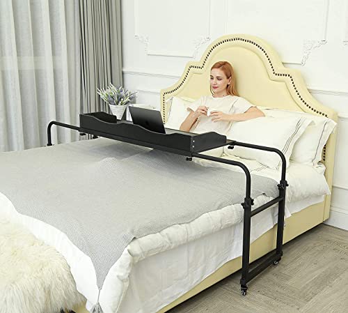 Adjustable Overbed Table, Over the Bed Table with Wheels, Medical Overbed Table with Wheels Adjustable Height, Rolling Desk for Full/Queen/King Bed, Sturdy Wood & Steel Frame (202-Black)