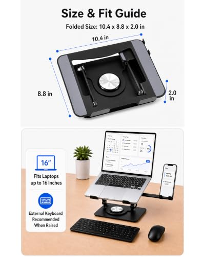 2-in-1 Laptop Stand with Phone Holder, 360° Swivel Laptop Riser for Desk | Fits 10-16 Inch Laptops, Height and Angle Adjustment, Carbon Steel Frame, Silicone Contact Pads, Fold-Flat Storage, 1 Pack