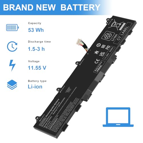 CC03XL HSTNN-DB9Q Laptop Battery Replacement for HP Probook 635 ZBook Firefly 14 G7 G8 Aero Series EliteBook 830 835 840 845 G7 G8, L77608-2C1 L77608-421 L78555-005 CC03053XL-PL 11.55V-53Wh - size: 10.47*2.09*0.28inch